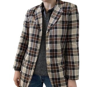 Vintage Rafaella Brown Linen Plaid Minimalistic Preppy Dark Academia Blazer Sz 6